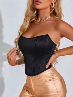 3/$20 SHEIN Black Strapless Boned Corset Top Curved Hem Bustier Size Medium 6